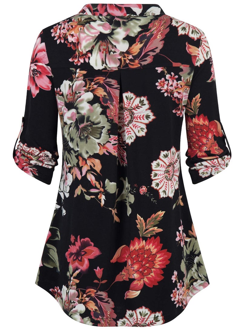 BEPEI Womens Tunics 3/4 Sleeves,Juniors Lightweight Zipper Henley V Neck A Line Chiffon Tops Chic Soft Tee Shirt Pocket Button up Decoration Blouses Floral Boutique Clothing,Black Green XL - Image 3